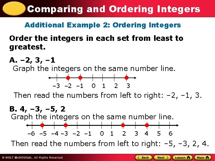 Comparing and Ordering Integers Additional Example 2: Ordering Integers Order the integers in each