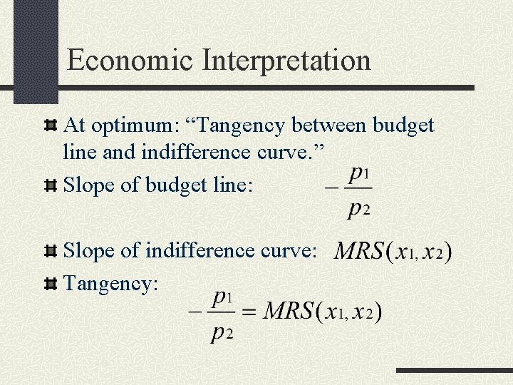 Economic Interpretation At optimum: “Tangency between budget line and indifference curve. ” Slope of