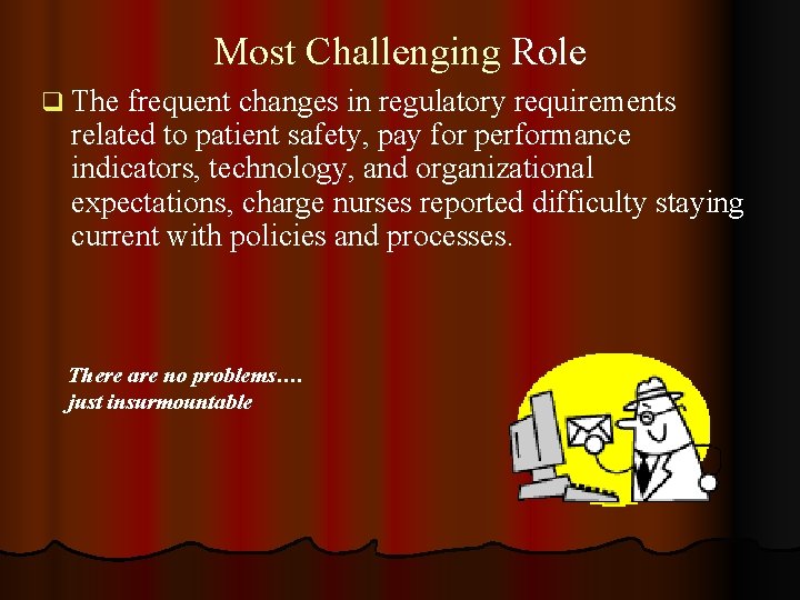 Most Challenging Role q The frequent changes in regulatory requirements related to patient safety,