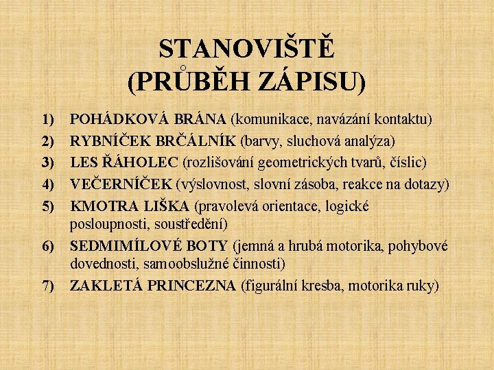 STANOVIŠTĚ (PRŮBĚH ZÁPISU) 1) 2) 3) 4) 5) POHÁDKOVÁ BRÁNA (komunikace, navázání kontaktu) RYBNÍČEK