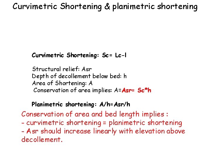 Curvimetric Shortening & planimetric shortening Curvimetric Shortening: Sc= Lc-l Structural relief: Asr Depth of