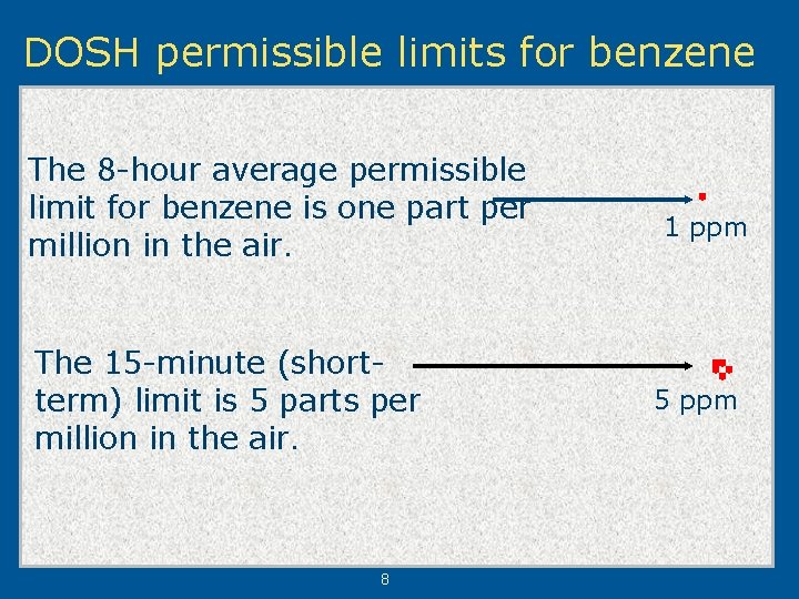DOSH permissible limits for benzene The 8 -hour average permissible limit for benzene is