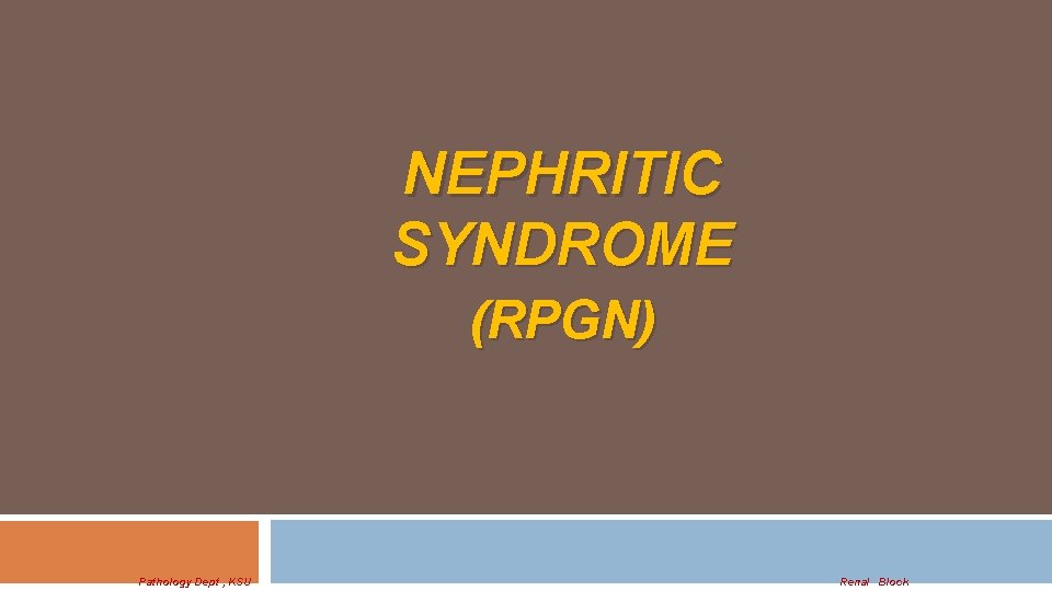 NEPHRITIC SYNDROME (RPGN) Pathology Dept , KSU Renal Block 