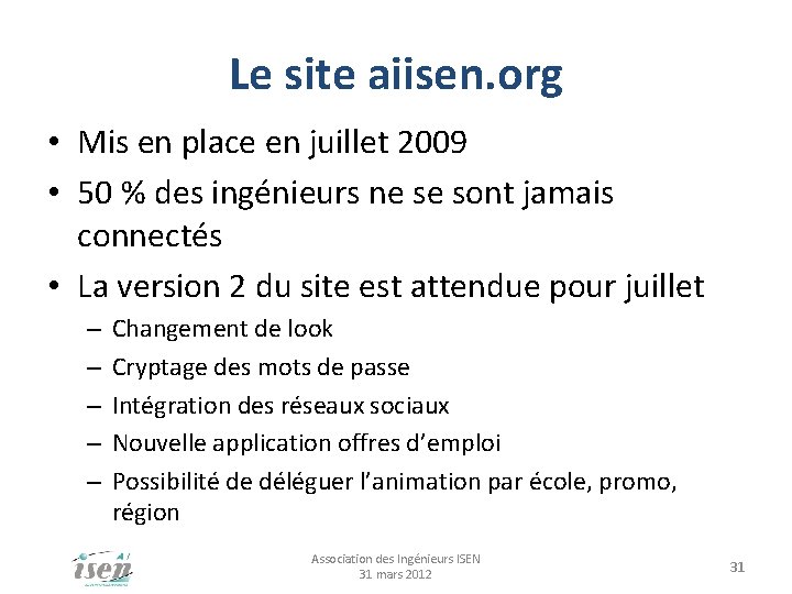 Le site aiisen. org • Mis en place en juillet 2009 • 50 %