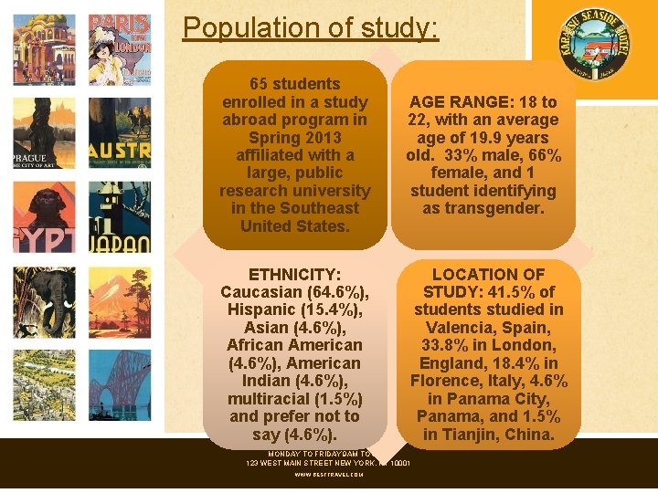 Population of study: 65 students enrolled in a study abroad program in Spring 2013
