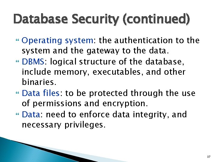 Database Security (continued) Operating system: the authentication to the system and the gateway to