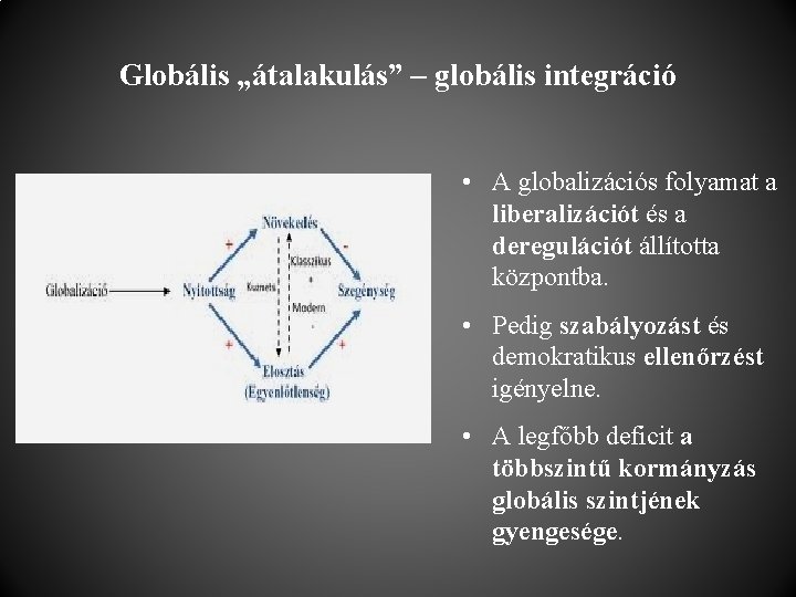 Globális „átalakulás” – globális integráció • A globalizációs folyamat a liberalizációt és a deregulációt