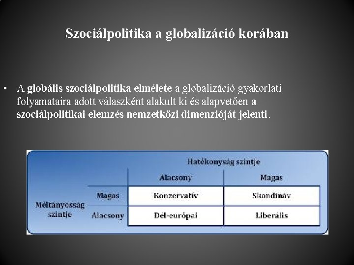 Szociálpolitika a globalizáció korában • A globális szociálpolitika elmélete a globalizáció gyakorlati folyamataira adott