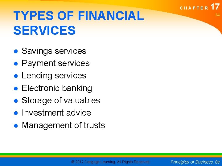 TYPES OF FINANCIAL SERVICES ● ● ● ● CHAPTER 17 14 Savings services Payment