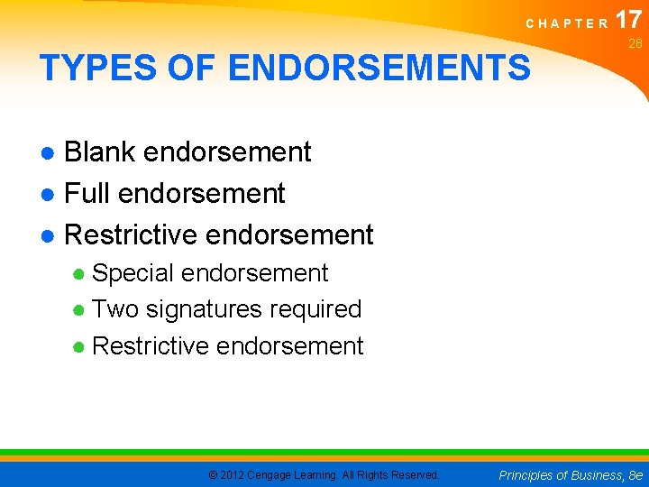 CHAPTER TYPES OF ENDORSEMENTS 17 28 ● Blank endorsement ● Full endorsement ● Restrictive