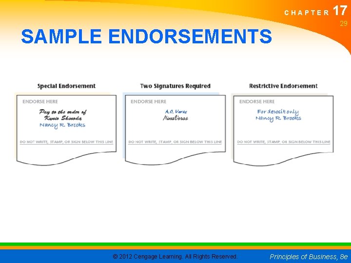 CHAPTER SAMPLE ENDORSEMENTS © 2012 Cengage Learning. All Rights Reserved. 17 29 Principles of