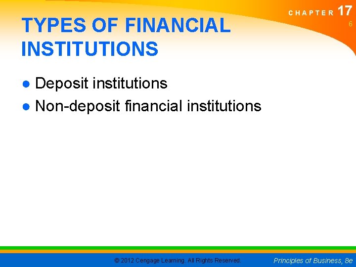 TYPES OF FINANCIAL INSTITUTIONS CHAPTER 17 6 ● Deposit institutions ● Non-deposit financial institutions