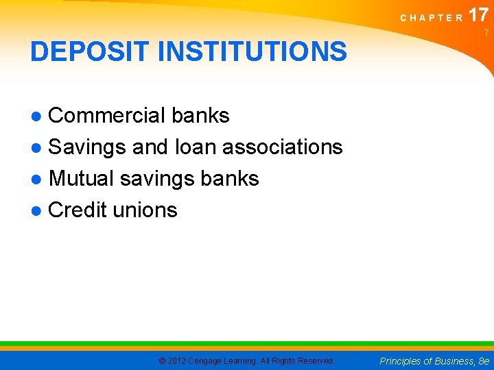 CHAPTER DEPOSIT INSTITUTIONS 17 7 ● Commercial banks ● Savings and loan associations ●