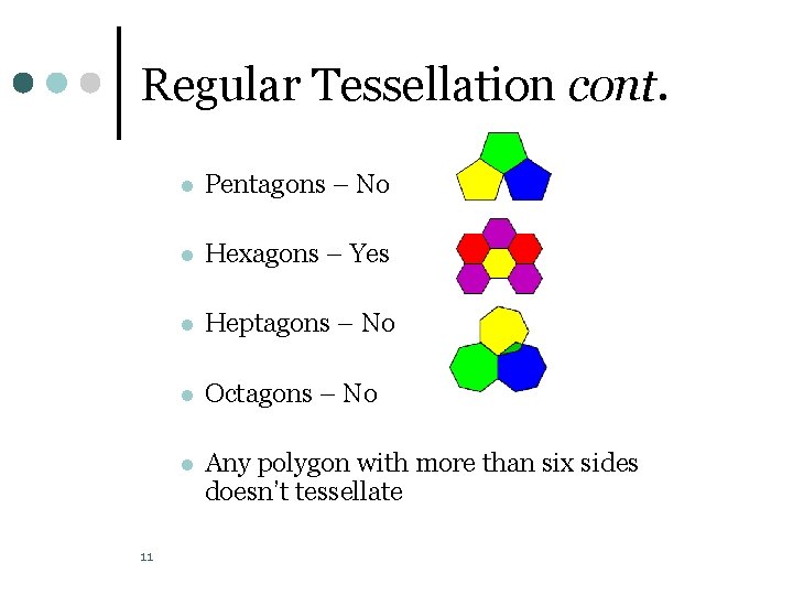 Regular Tessellation cont. 11 l Pentagons – No l Hexagons – Yes l Heptagons