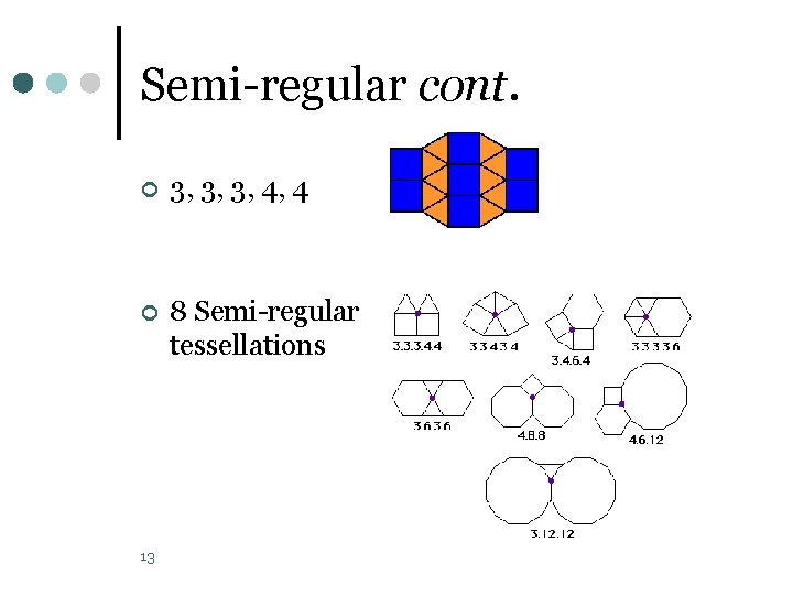 Semi-regular cont. ¢ 3, 3, 3, 4, 4 ¢ 8 Semi-regular tessellations 13 