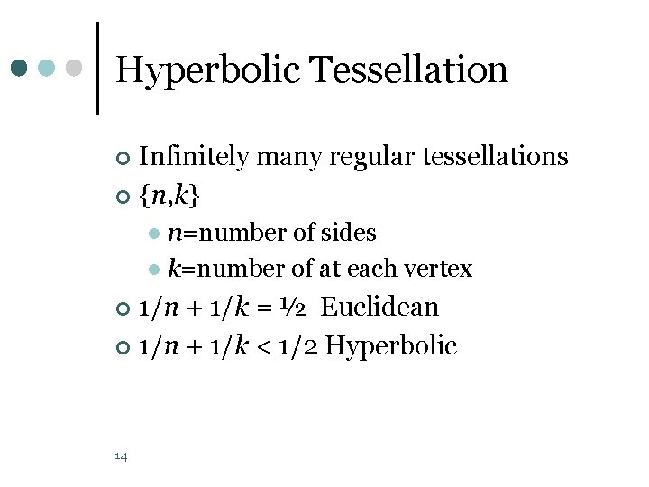 Hyperbolic Tessellation Infinitely many regular tessellations ¢ {n, k} ¢ n=number of sides l