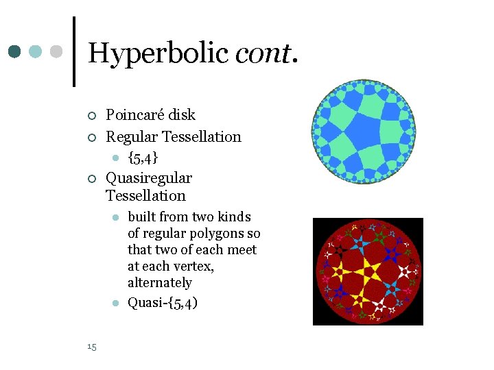 Hyperbolic cont. ¢ ¢ Poincaré disk Regular Tessellation l ¢ Quasiregular Tessellation l l