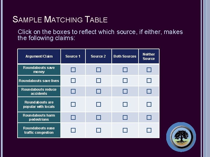 SAMPLE MATCHING TABLE Click on the boxes to reflect which source, if either, makes