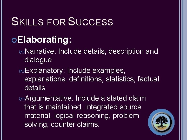 SKILLS FOR SUCCESS Elaborating: Narrative: Include details, description and dialogue Explanatory: Include examples, explanations,