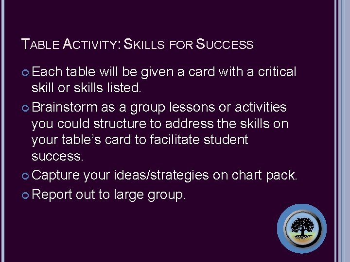 TABLE ACTIVITY: SKILLS FOR SUCCESS Each table will be given a card with a