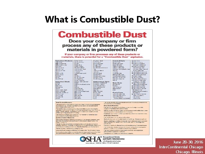 What is Combustible Dust? June 28 -30, 2016 Inter. Continental Chicago, Illinois 