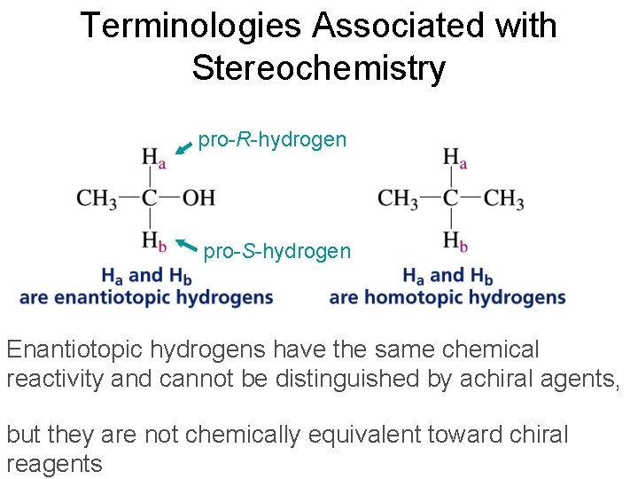 Terminologies Associated with Stereochemistry pro-R-hydrogen pro-S-hydrogen Enantiotopic hydrogens have the same chemical reactivity and