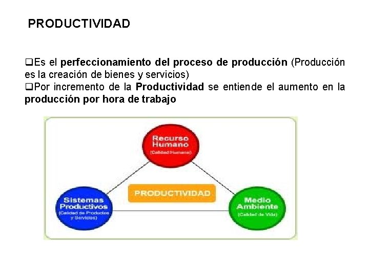 PRODUCTIVIDAD Es el perfeccionamiento del proceso de producción (Producción es la creación de bienes