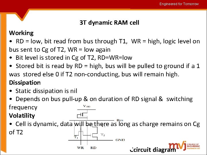 Engineered for for. Tomorrow 3 T dynamic RAM cell Working • RD = low,