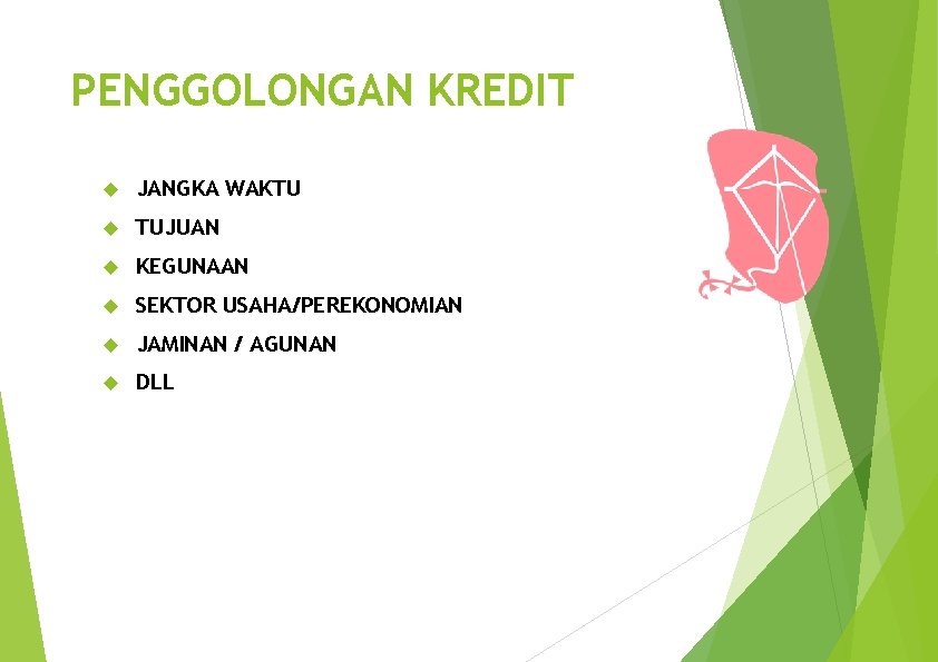 PENGGOLONGAN KREDIT JANGKA WAKTU TUJUAN KEGUNAAN SEKTOR USAHA/PEREKONOMIAN JAMINAN / AGUNAN DLL 