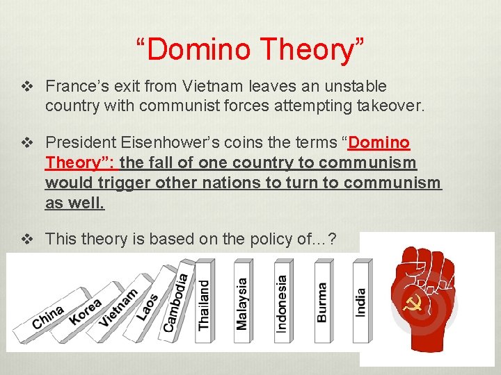 “Domino Theory” v France’s exit from Vietnam leaves an unstable country with communist forces