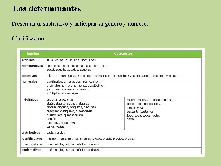 Los determinantes Presentan al sustantivo y anticipan su género y número. Clasificación: 