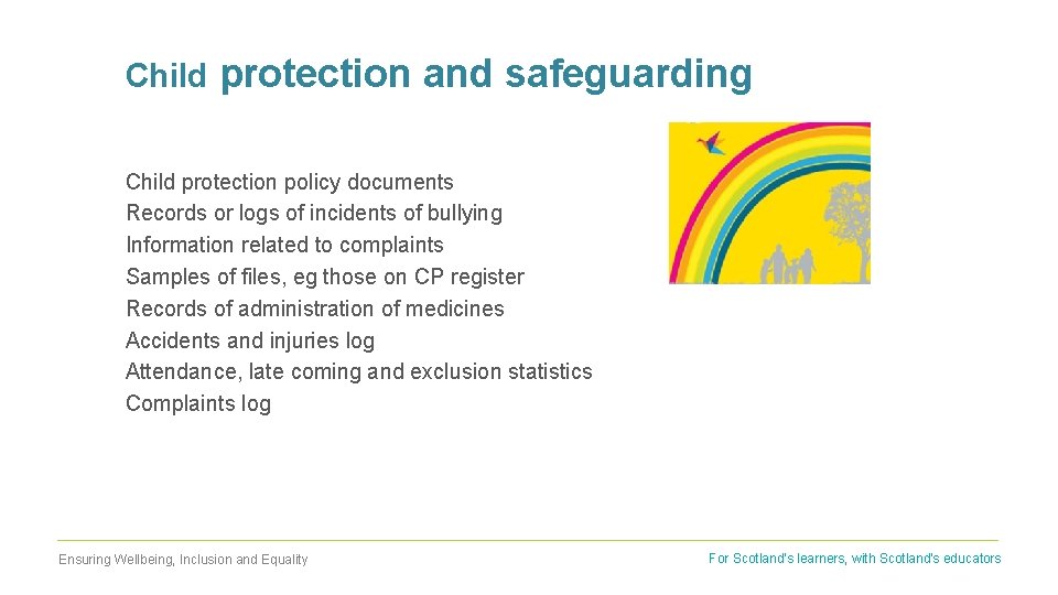 Child protection and safeguarding Child protection policy documents Records or logs of incidents of
