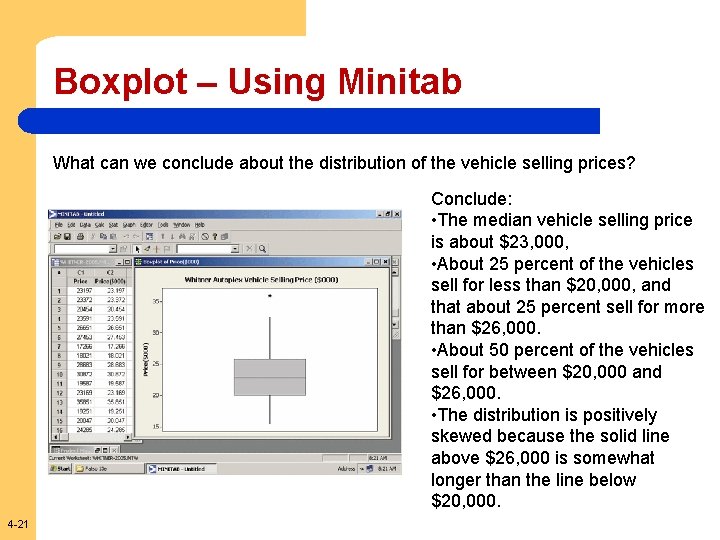 Boxplot – Using Minitab What can we conclude about the distribution of the vehicle