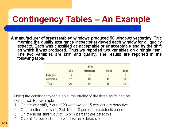 Contingency Tables – An Example A manufacturer of preassembled windows produced 50 windows yesterday.