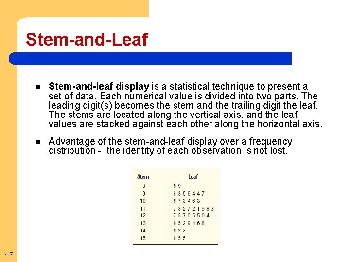 Stem-and-Leaf 4 -7 l Stem-and-leaf display is a statistical technique to present a set