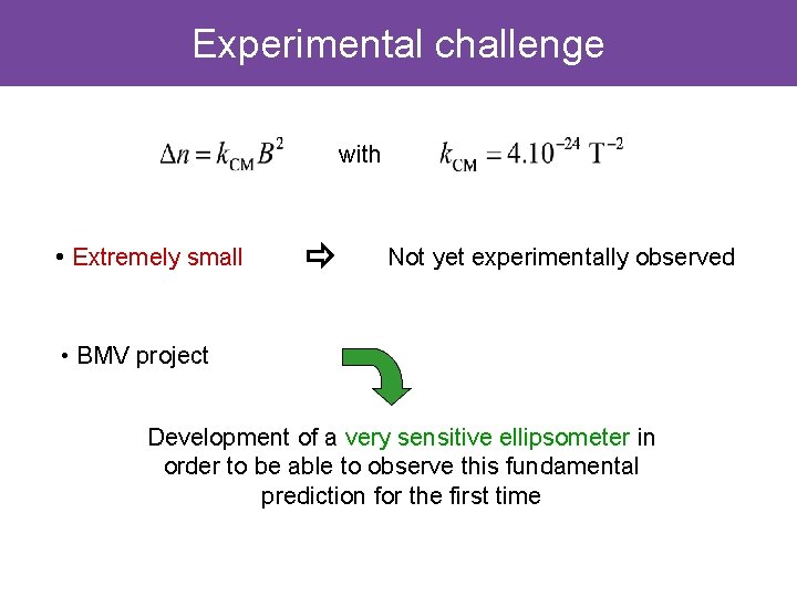 Experimental challenge with • Extremely small Not yet experimentally observed • BMV project Development