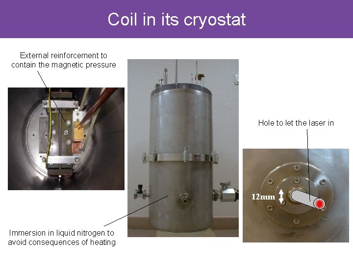 Coil in its cryostat External reinforcement to contain the magnetic pressure Hole to let