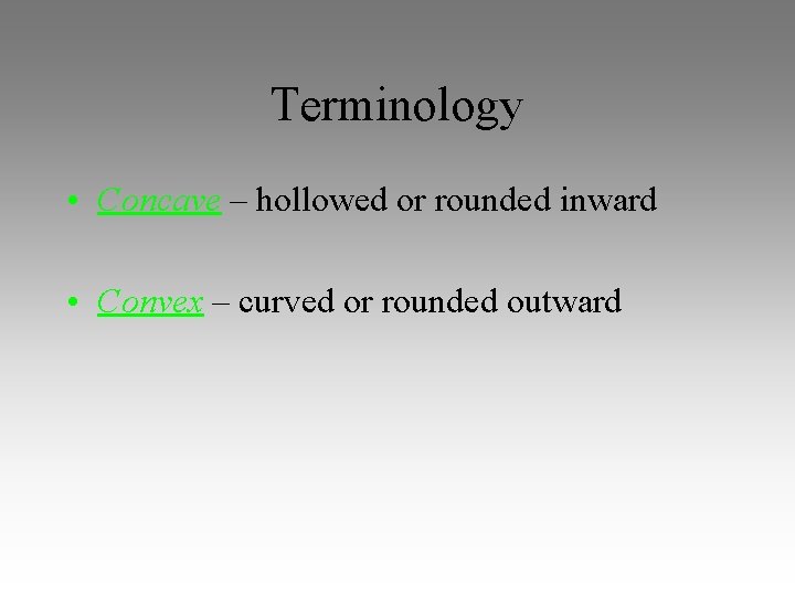 Terminology • Concave – hollowed or rounded inward • Convex – curved or rounded Terminology • Concave – hollowed or rounded inward • Convex – curved or rounded