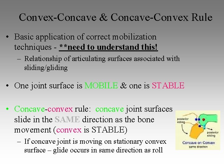 Convex-Concave & Concave-Convex Rule • Basic application of correct mobilization techniques - **need to Convex-Concave & Concave-Convex Rule • Basic application of correct mobilization techniques - **need to