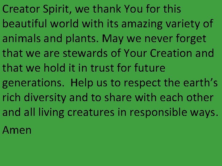 Creator Spirit, we thank You for this beautiful world with its amazing variety of