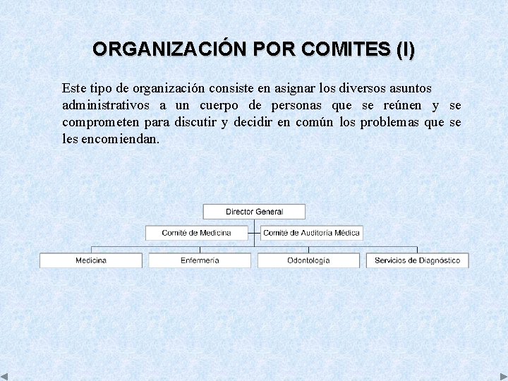 ORGANIZACIÓN POR COMITES (I) Este tipo de organización consiste en asignar los diversos asuntos