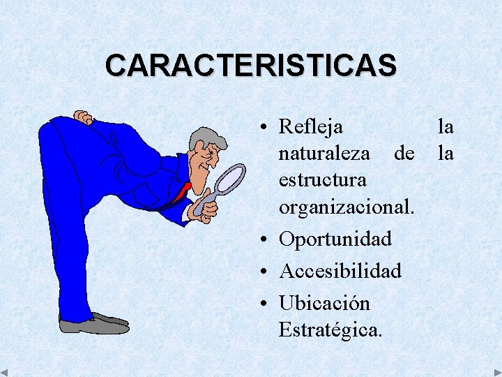 CARACTERISTICAS • Refleja la naturaleza de la estructura organizacional. • Oportunidad • Accesibilidad •