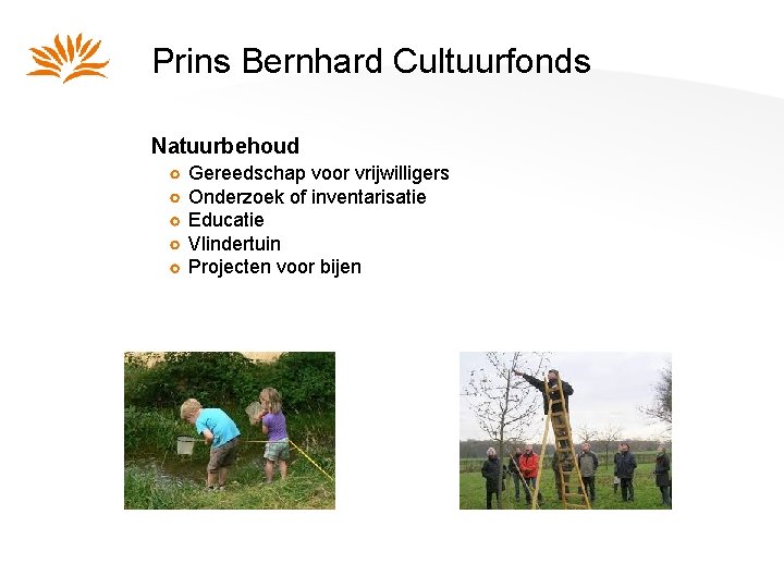 Prins Bernhard Cultuurfonds Natuurbehoud Gereedschap voor vrijwilligers Onderzoek of inventarisatie Educatie Vlindertuin Projecten voor