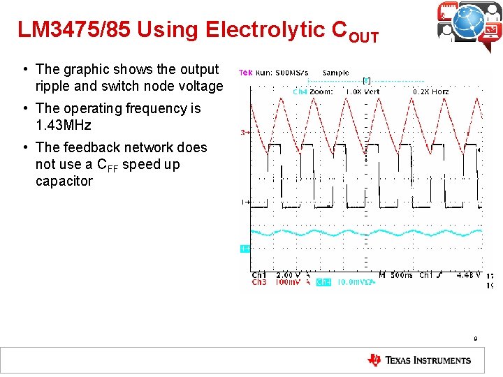 LM 3475/85 Using Electrolytic COUT • The graphic shows the output ripple and switch