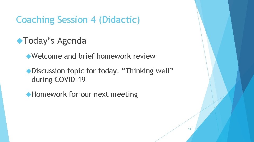 Coaching Session 4 (Didactic) Today’s Agenda Welcome and brief homework review Discussion topic for