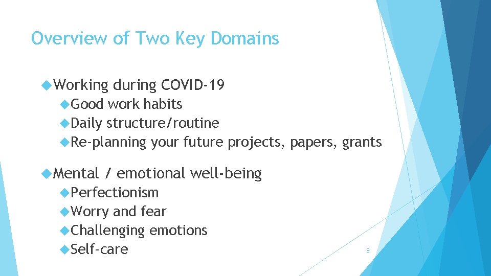 Overview of Two Key Domains Working during COVID-19 Good work habits Daily structure/routine Re-planning