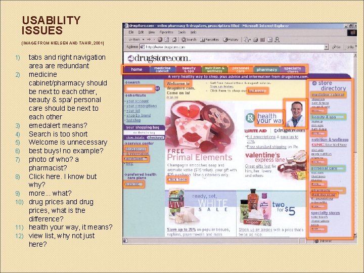 USABILITY ISSUES (IMAGE FROM NIELSEN AND TAHIR, 2001) tabs and right navigation area are