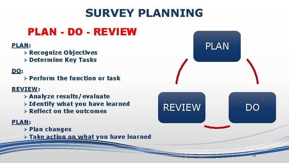 SURVEY PLANNING PLAN - DO - REVIEW PLAN: Ø Recognize Objectives Ø Determine Key