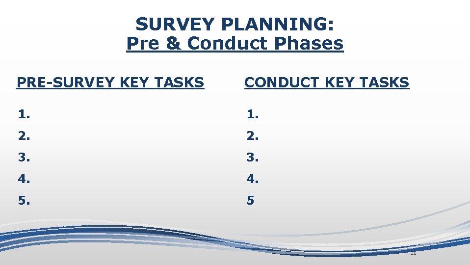 SURVEY PLANNING: Pre & Conduct Phases PRE-SURVEY KEY TASKS CONDUCT KEY TASKS 1. 2.