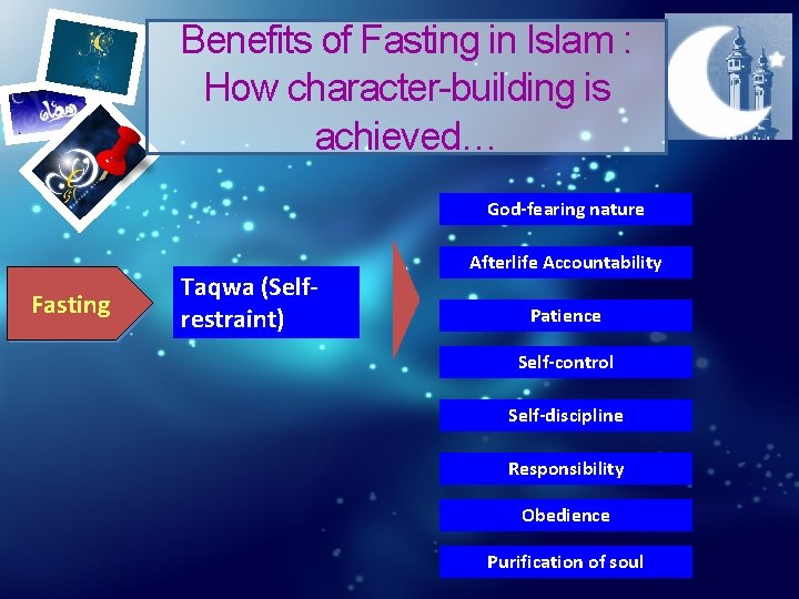 Benefits of Fasting in Islam : How character-building is achieved… God-fearing nature Fasting Taqwa